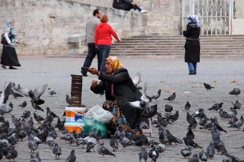 DSC_4237_1.jpg - Na Bayezidově náměstí je holubů jako nikde jinde v Istanbulu. Mezi nimi sedí prodavači krmení.