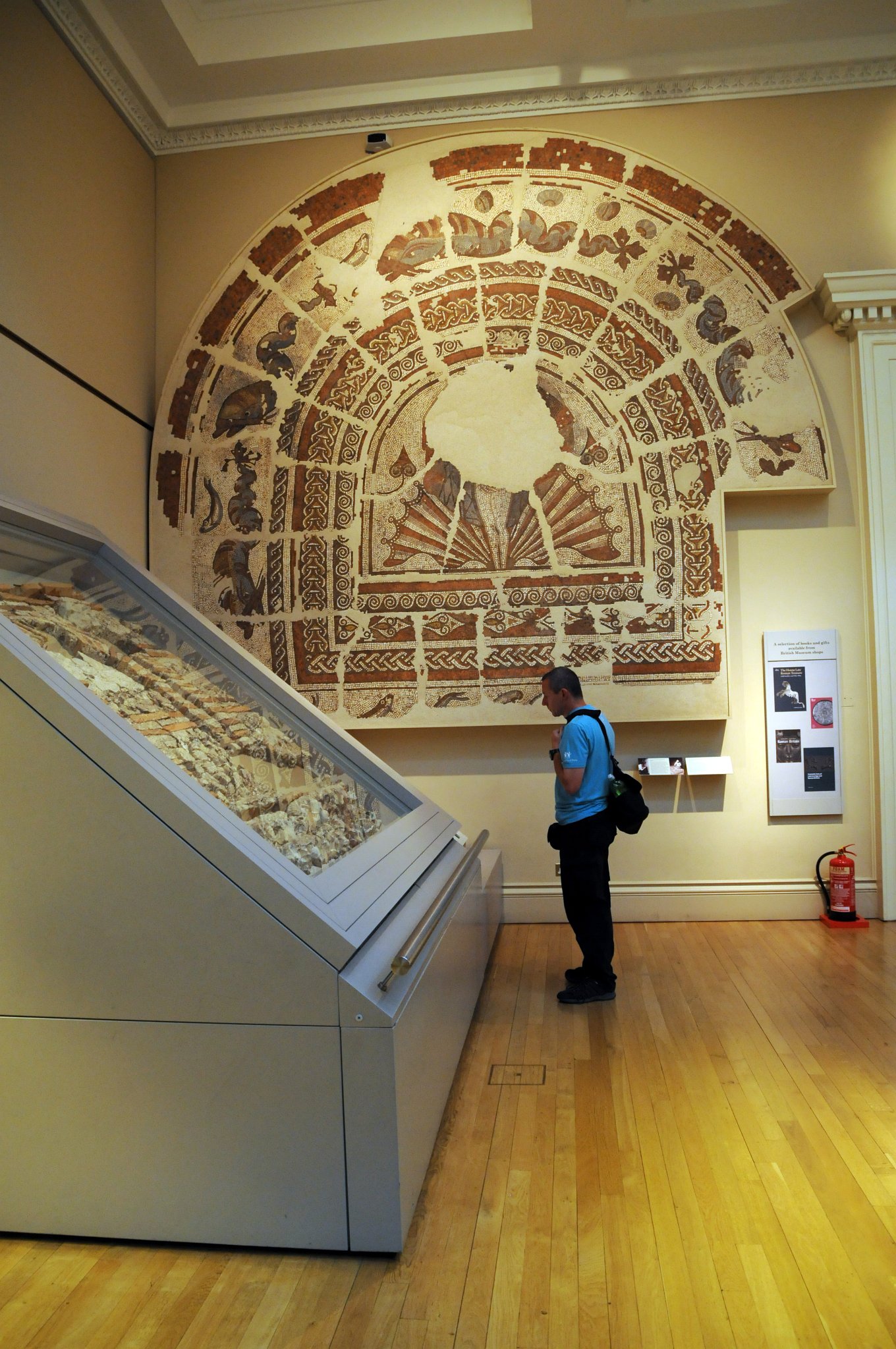 DSC_5833_2.jpg - Fili stojí před The Hemsworth Venus Mosaic (Venuše vystupující z moře stojící na lastuře je obklopena delfíny a mořskými živočichy) ze 4. století našeho letopočtu v British muzeu. Hemsworth našel mozaiku v roce 1831, byla instalována jako podlaha v přijímací místnosti, ale teprve v roce 1908 byla zachráněna. V tu dobu již byla značně poškozena. Pečlivým čištěním byly obnoveny i barevné pasáže.