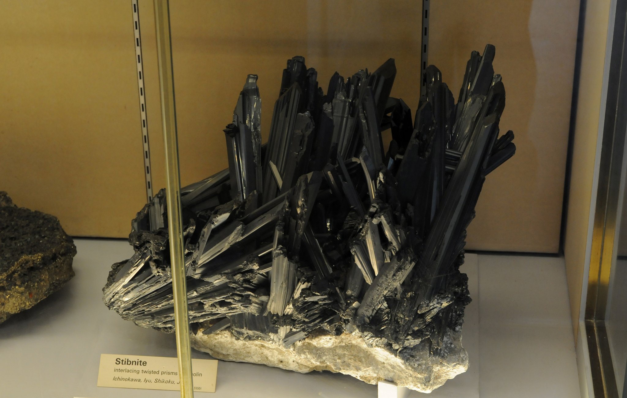 DSC_7427_1.jpg - Antimonit - Stibnit (Haidinger, 1845), chemický vzorec Sb2S3, je kosočtverečný minerál. Další možný název je stibnit, starší české pojmenování je leštěnec antimonový.Název pochází z řeckého slova anthémon – květina, podle tvaru krystalových drúz. Antimonit vzniká na nízkoteplotních až středněteplotních hydrotermálních ložiskách často společně s dalšími minerály jako galenit, baryt, pyrit, sfalerit, kalcit, či zlato. Výjimkou ale nejsou ani metasomatická ložiska uložená ve vápencích a žulách. Tvoří nejčastěji stébelnaté až paprsčité agregáty, které jsou často vertikálně rýhované. Jen v minimálním počtu případů se vyskytuje celistvý či zrnitý. Největší (až 60 cm dlouhé a 5 cm široké) a nejkrásnější krystaly byly nalezeny v Japonsku.