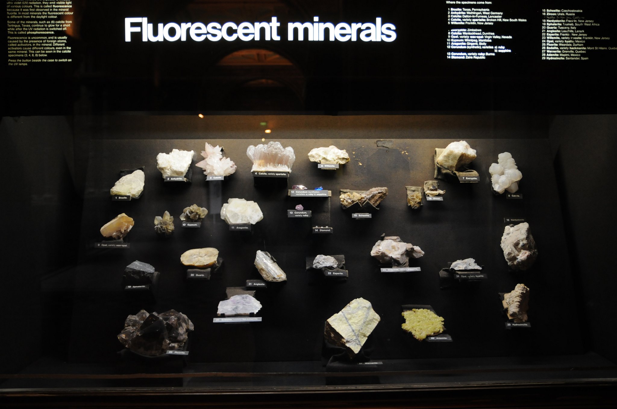 DSC_7433.JPG - Fluorescentní minerály. Například Korund (safír, rubín, lukosafír, smirek), Willemit, Hyalit (neboli skelný opál), Sodalit, Diamant, Fluorit, Křemen, Sádrovec, Kalcit, Anhydrit (síran vápenatý) a další.