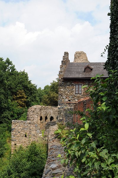 DSC_3063_1.jpg - Zhruba od poloviny 17. století se datuje pustnutí a k r. 1737 se hrad připomíná jako trosky. Obnova zříceniny v duchu dobového romantismu byla započata v r. 1832, kdy panství zakoupil hrabě Eduard Stadion-Thannhausen. Jeho největším počinem byla výstavba zámku (1834-36) v prostoru jižního vnějšího opevnění nad bývalými sklepy a úprava a konzervace hradní zříceniny. Náročné stavební práce jej vyčerpaly, takže r. 1838 bylo panství prodáno Františku Václavu Veithovi. Ten dokončil zámecké interiéry, jejichž dekorativní výzdobu (iluzivní táflování stěn) zadal proslulému českému malíři Josefu Navrátilovi. V soukromých rukou zámek zůstal do r. 1951, kdy byl hrad a zámek odevzdán do správy Národní kulturní komise. Jako poslední majitel je uvedena malířka Vilma Vrbová-Kotrbová. V roce 1963 byla na Klenové zřízena galerie výtvarného umění. 