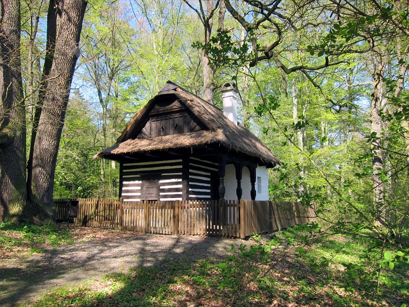 IMG_6717_1.jpg - Česká chaloupka – expozice z Národopisné výstavy roku tisíc osm set devadesát pět – byla zakoupena hrabětem a postavena na hrázi rybníka Labeška k „potěše návštěvníků“. 