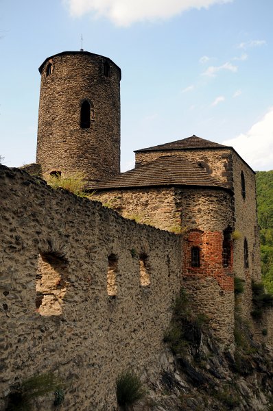 DSC_8004_1.jpg - Černá čedičová skála, jejíž vrchol zdobí hrad Střekov, padá do Labe z výšky sto metrů. Na jaře je strmý svah poset trsy zlatavých kvítků tařice skalní. Podle pověsti roste květina všude tam, kde se zachytily plavé vlasy krásné dcery hradního pána, jež ukončila život skokem z útesu.