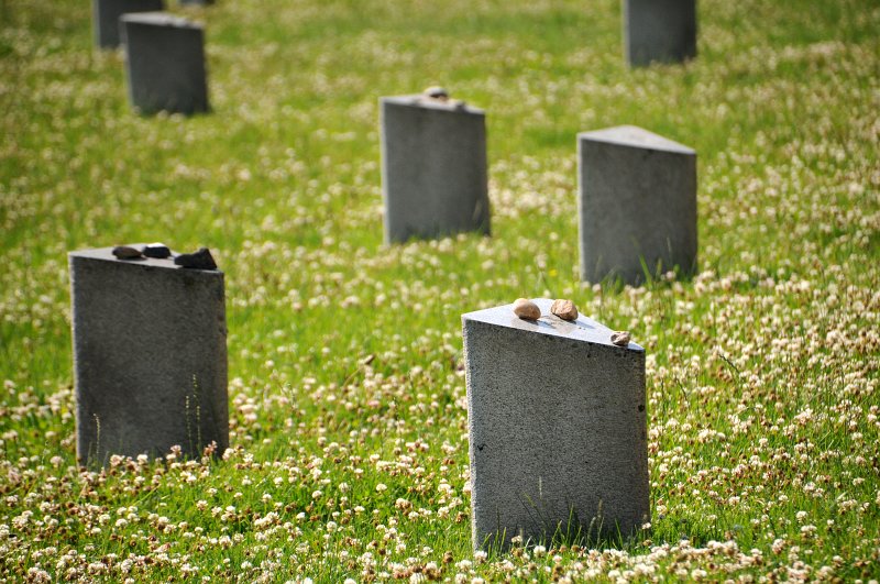 DSC_7076_2.jpg - V současnosti je hřbitov upraven jako pietní místo. Bohušovická kotlina se změnila v sad zapadající do okolní krajiny. Dominantou židovského hřbitova, na němž je pohřbeno asi 9000 zemřelých, je kamenná menora. V bývalém krematoriu se nachází expozice „Úmrtnost a pohřbívání v terezínském ghettu“.
