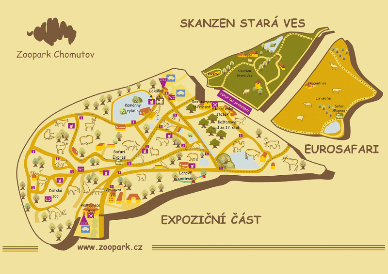 mapka_zoo_new_vstup_web.gif - Podkrušnohorský zoopark se nachází na okraji města Chomutov, nedaleko Kamencového jezera. Svou rozlohou, která činí 112 hektarů, je největší zoologickou zahradou v České republice.